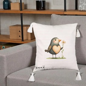 Perna Decorativa Pasare cu Inima si Margareta, 40x40 cm, Bej cu Franjuri, Husa Detasabila, Perna Inclusa, BEKZ®