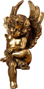 Statuetă decorativă heruvim din rășină, auriu, aripi și bucle fin sculptate, finisaj antichizat, 37 x 17 x 20 cm, „Chérubin”