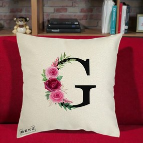 Cadou Personalizat - Perna Personalizata Monograma Florala Litera G, 40x40 cm, Ecru, Husa Detasabila, Perna Inclusa, BEKZ®