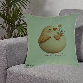 Perna Decorativa Pui cu Inima si Floarea-Soarelui, 40x40 cm, Verde, Husa Detasabila, Perna Inclusa, BEKZ®