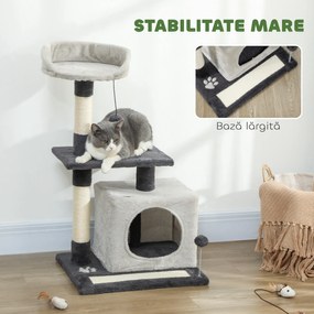PawHut Ansamblu de joacă pentru pisici cu căsuță, Culcuș, Stâlpi și Covor, 85cm, Gri | Aosom Romania