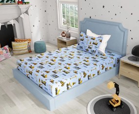 Cearceaf de pat albastru cu elastic pentru copii Constructii Evostar bumbac100% ranforce /90x200 cm dimensiune standard