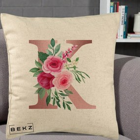 Cadou Personalizat - Perna Personalizata Monograma Rose Gold Litera K, 40x40 cm, Bej, Husa Detasabila, Perna Inclusa, BEKZ®