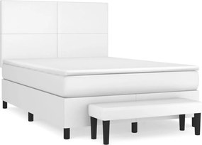 vidaXL Pat box spring cu saltea, alb, 140x190 cm, piele ecologică