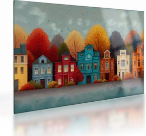 Tablou pe sticlă - Oraș de toamnă pictat (70x50 cm)