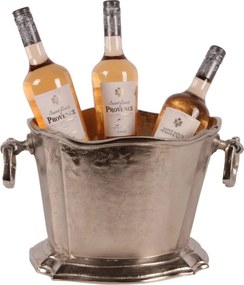 Frapieră pentru vin și șampanie din aluminiu, argintie, ovală, pentru 3 sticle, cu margine ondulată și mânere, finisaj nichelat, 24 x 42 x 25 cm,