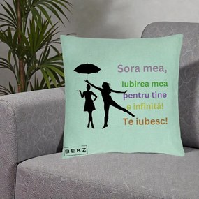 Cadou pentru Sora - Perna Personalizata Sora Mea Te Iubesc Siluete Colorate Umbrela, 40x40 cm, Verde Menta, Husa Detasabila, Perna Inclusa, BEKZ®
