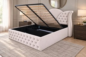 Pat tapițat Chesterfield din catifea Velora Cristal 160×200 cm, crem, cu ladă de depozitare