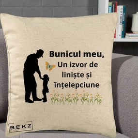 Cadou pentru Bunic - Perna Personalizata Bunicul Meu Izvor de Liniste cu Fluture si Fetita, 40x40 cm, Bej, Husa Detasabila, Perna Inclusa, BEKZ®