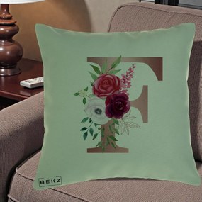 Cadou Personalizat - Perna Personalizata Monograma Rose Gold Litera F, 40x40 cm, Verde, Husa Detasabila, Perna Inclusa, BEKZ®