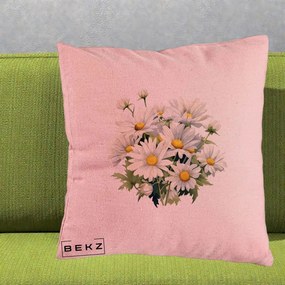 Perna Decorativa Buchet Margarete Albe Acuarela, 40x40 cm, Roz, Husa Detasabila, Perna Inclusa, BEKZ®