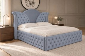 Pat tapițat Chesterfield din catifea Velora Deluxe 180×200 cm, gri deschis, cu ladă de depozitare