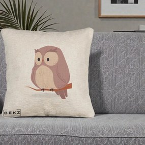 Perna Decorativa Bufnita Kawaii pe Creanga, 40x40 cm, Bej Canapea, Husa Detasabila, Perna Inclusa, BEKZ®