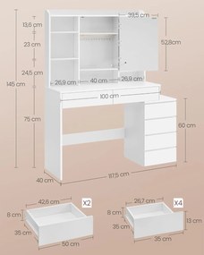 SEA95 - Set Masa toaleta, 97 / 117 cm, cosmetica, masuta machiaj, oglinda cu LED, cu sau fara scaun - Alb