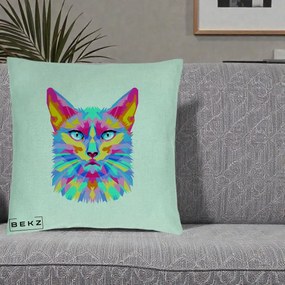 Perna Decorativa Pisica Pop Art Multicolor, 40x40 cm, Verde Menta, Husa Detasabila, Perna Inclusa, BEKZ®