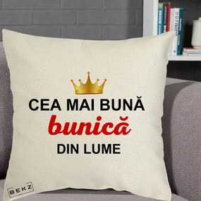 Cadou pentru Bunica - Perna Personalizata Cea Mai Buna Bunica Din Lume Coroana Aurie, 40x40 cm, Ecru, Husa Detasabila, Perna Inclusa, BEKZ®