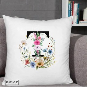 Cadou Personalizat - Perna Personalizata Monogram Litera T cu Flori Acuarela, 40x40 cm, Alb Pufos, Husa Detasabila, Perna Inclusa, BEKZ®