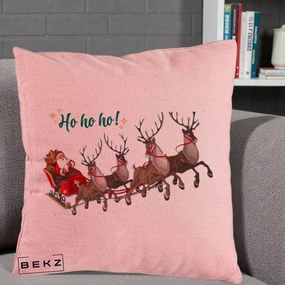 Perna Decorativa Ho Ho Ho Mos Craciun cu Sanie si Reni, 40x40 cm, Roz, Husa Detasabila, Perna Inclusa, BEKZ®