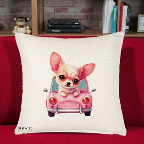 Perna Decorativa Chihuahua Roz in Masinuta, 40x40 cm, Crem Reliefat, Husa Detasabila, Perna Inclusa, BEKZ®