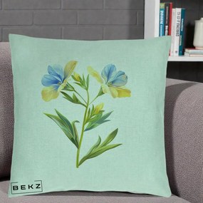 Perna Decorativa Botanica Frezie Galbena si Albastra, 40x40 cm, Verde Menta, Husa Detasabila, Perna Inclusa, BEKZ®