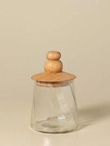 Set 3 borcane din sticlă canelată cu capac din lemn de mango cu mâner sculptat, natur, 12 × 24 cm, „Twisted"