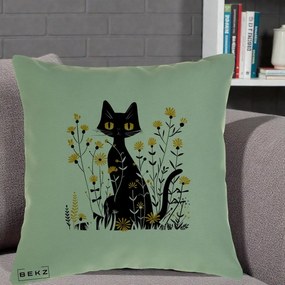 Perna Decorativa Pisica Neagra Ochi Galbeni Flori Galbene, 40x40 cm, Verde, Husa Detasabila, Perna Inclusa, BEKZ®