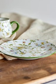 Set 4 farfurii din ceramică artizanală natur cu motive florale botanice multicolor, 20,5×2,5 cm, "Bloomie"