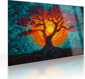 Tablou pe sticlă - Arborele vieții și soarele în mozaic (70x50 cm)