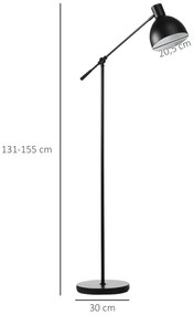 HOMCOM Lampadar de podea pentru living 40 W înălțime ajustabilă, abajur și braț pivotant, comutator la picior, soclu E27, negru | Aosom Romania