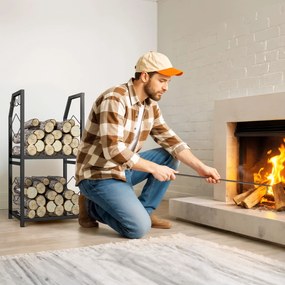 Outsunny Suport de Lemne din Oțel pe 2 Nivele cu 3 Cârlige Laterale 41x30x81cm Negru | Aosom Romania