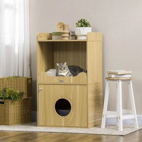 PawHut Casa de toaletă pentru pisici mobilier litieră pisică 3 nivele compartiment închis cu o ușă 1 pernă 60 x 45 x 103 cm | Aosom Romania