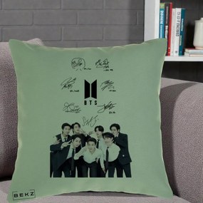 Perna Personalizata K-pop BTS Autografe Toti Membrii cu Fotografie, 40x40 cm, Verde, Husa Detasabila, Perna Inclusa, BEKZ®