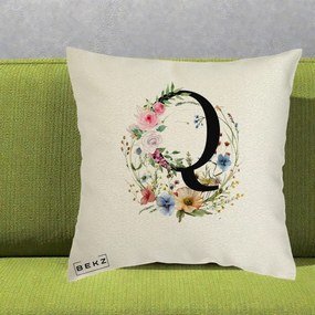 Cadou Personalizat - Perna Personalizata Monogram Litera Q cu Flori Acuarela, 40x40 cm, Ecru, Husa Detasabila, Perna Inclusa, BEKZ®