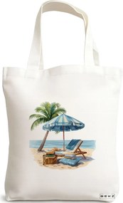 Sacosa de Panza pentru Cumparaturi, Geanta Tote, model Beach life 2 38 x 34.5 cm, Alba, BEKZ®