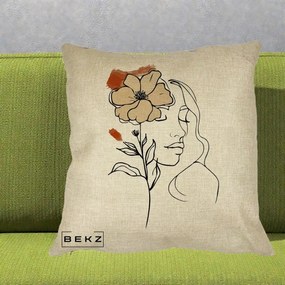 Perna Decorativa Portret Feminin Floare Bej Terracotta, 40x40 cm, Crem, Husa Detasabila, Perna Inclusa, BEKZ®