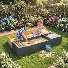 AIYAPLAY Set ladă pentru nisip 2 piese 150x90 cm lemn ladă de nisip cu bancă spațiu depozitare plită chiuvetă detașabilă mărgele abac Galben | Aosom Romania