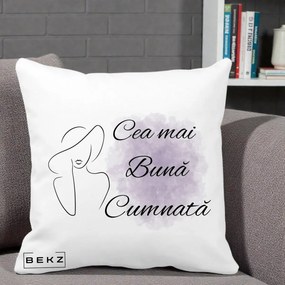 Cadou pentru Cumnata - Perna Personalizata Cea mai Buna Cumnata cu Silueta Dama si Pete Violet, 40x40 cm, Alba Mata, Husa Detasabila, Perna Inclusa, BEKZ®
