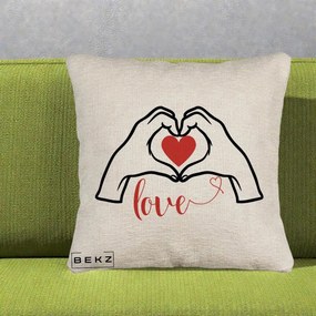 Perna Decorativa Love Maini Inima cu Inscriptie Love Rosu, 40x40 cm, Bej Canapea, Husa Detasabila, Perna Inclusa, BEKZ®