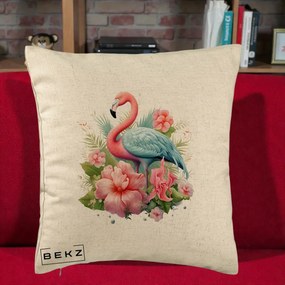 Perna Decorativa Flamingo cu Hibiscus Tropical, 40x40 cm, Bej, Husa Detasabila, Perna Inclusa, BEKZ®