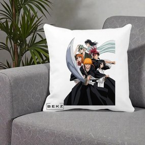 Perna Personalizata Bleach Grup Complet Ichigo si Prietenii, 40x40 cm, Alba Mata, Husa Detasabila, Perna Inclusa, BEKZ®