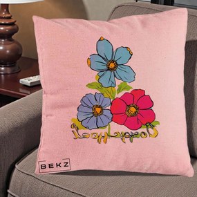 Perna Decorativa Trei Flori Grafice Pop Art, 40x40 cm, Roz, Husa Detasabila, Perna Inclusa, BEKZ®