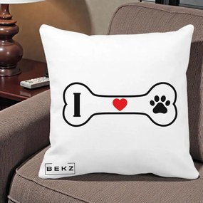 Perna Personalizata I Love Dog Os si Labuta, 40x40 cm, Alba Mata, Husa Detasabila, Perna Inclusa, BEKZ®