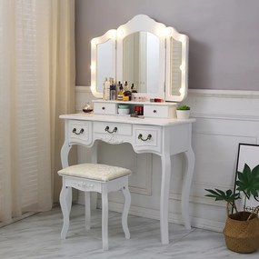 Set Elisabeta, Masă de toaletă cu 3 oglinzi iluminate LED, control touch, 5 sertare, scaun, Alb,