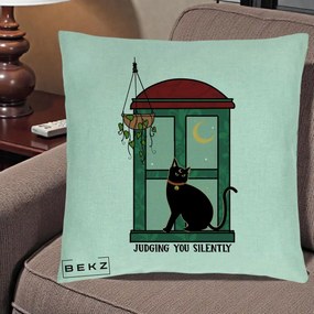 Perna Decorativa Judging You Silently Pisica Geam, 40x40 cm, Verde Menta, Husa Detasabila, Perna Inclusa, BEKZ®