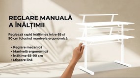 ERGOLEV WX-007 – Birou Reglabil Manual cu Înălțime Ajustabilă 65–90 cm, Blat Monobloc din PAL de Înaltă Densitate 15 mm, Cadru Metalic din Oțel, Raft Superior Integrat, 100x60 cm, Alb