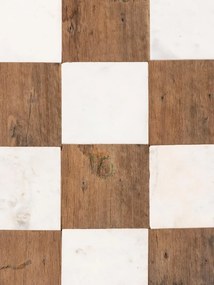 Măsuță de cafea din marmură și lemn reciclat, cu model în carouri, alb și natur, finisaj mat, 100×100×30 cm, „Kadrie"