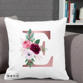 Cadou Personalizat - Perna Personalizata Monograma Rose Gold Litera E, 40x40 cm, Alba Mata, Husa Detasabila, Perna Inclusa, BEKZ®