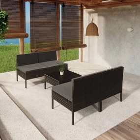 Set mobilier de gradina cu perne, 5 piese, negru, poliratan 4x mijloc + masa, 1