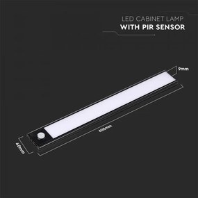 Corp led pentru dulap cu senzor de miscare si acumulator, 2.5 W, lumina neutra(4000K), 260 lm, IP20, negru, V-TAC