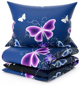 Set 2 buc Lenjerie cocolino VIOLET BUTTERFLY albastru inchis + Cearsaf Cocolino microplus cu elastic SOFT 180x200 cm alb, pat dublu